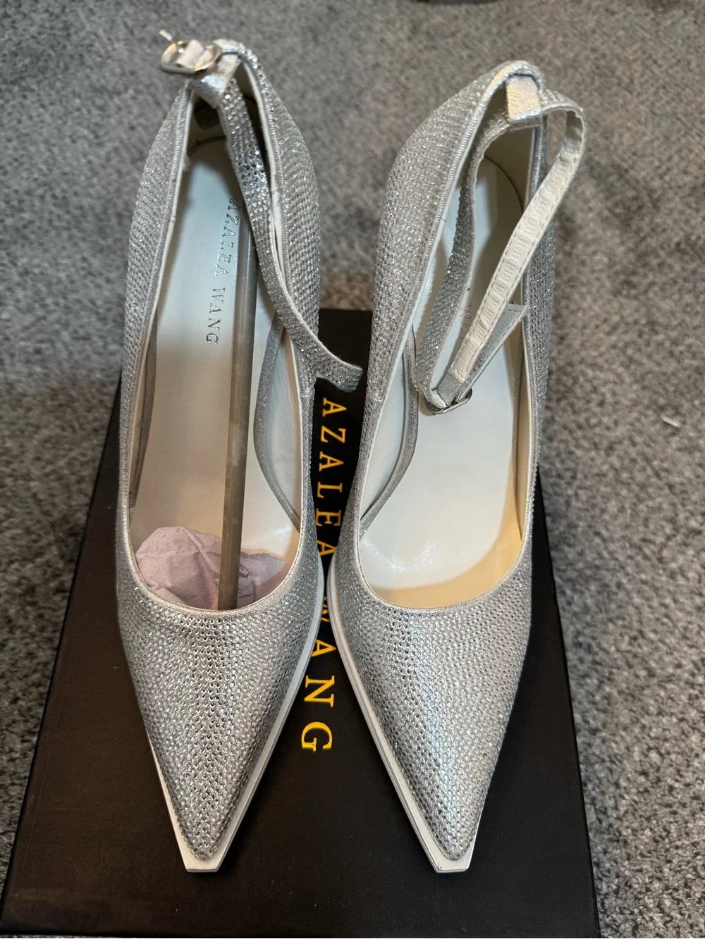 Azalea Wang Silver Glitter Pointed-Toe Ankle-Strap Pumps